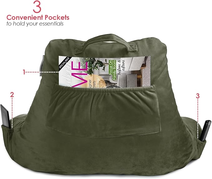Nestl Reading Pillow Standard Bed Pillow, Back Pillow for Sitting in Bed Shredded Memory Foam Chair Pillow Reading & Bed Rest Pillows Olive Green Back Pillow for Bed, Bed Chair Arm Pillow with Pockets