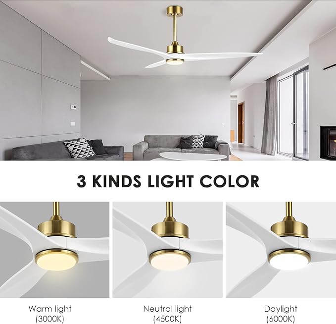 WINGBO 60 Inch DC Ceiling Fan with Lights and Remote Control, 3 Reversible Carved Wood Blades, 6-Speed Noiseless DC Motor, Modern Ceiling Fan in Brass Finish with White Blades