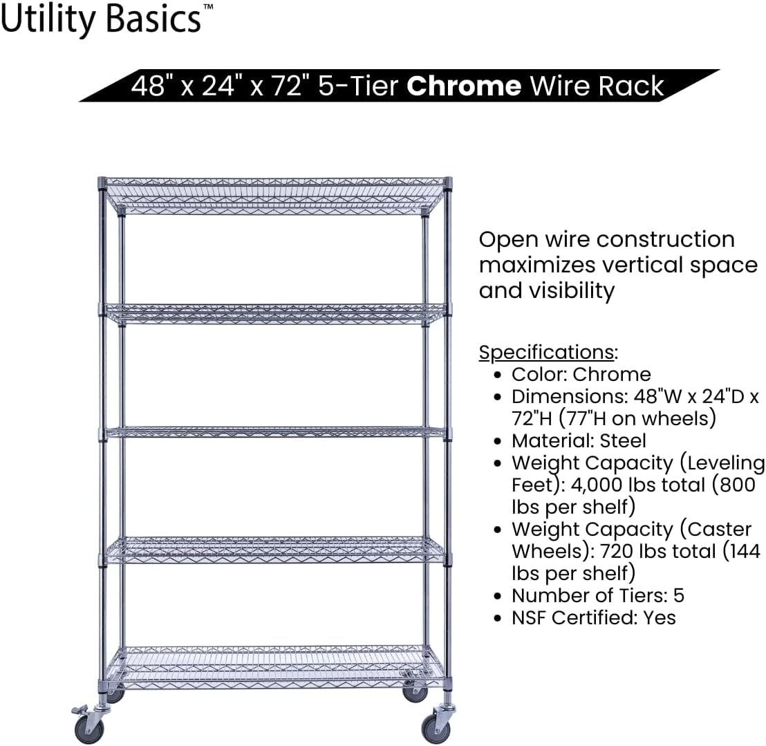 48"x24"x72" Chrome 5-Tier PREMIUM Wire Shelving NSF 4000 LBS MAX CAPACITY Heavy Duty Steel Storage Rack for Warehouses, Garages, Hospitals, Commercial Spaces, & Schools w/PREMIUM WHEELS