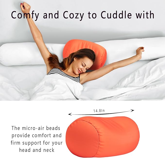 Microbead Body Pillow, Tube Microbead Bolster Bean Smooth Cool Pillow Neck Cervical Roll Pillow for Sleeping 7 x 12Inch Throw Travel Pillow (Tangerine Color)