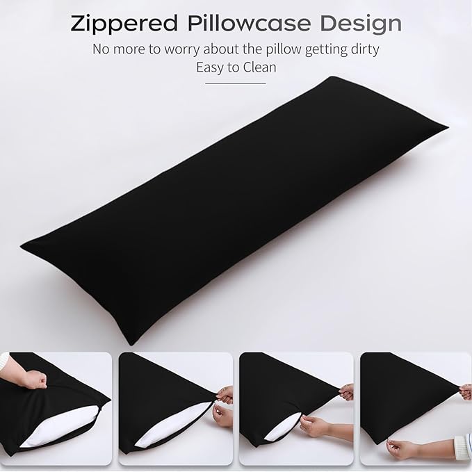 Memory Foam Body Pillow with Removable 100% Cotton Cover, Fluffy Full Body Pillows for Adults, Large Long Bed Pillow for Sleeping, Firm & Supportive (20x54 inch, Black)