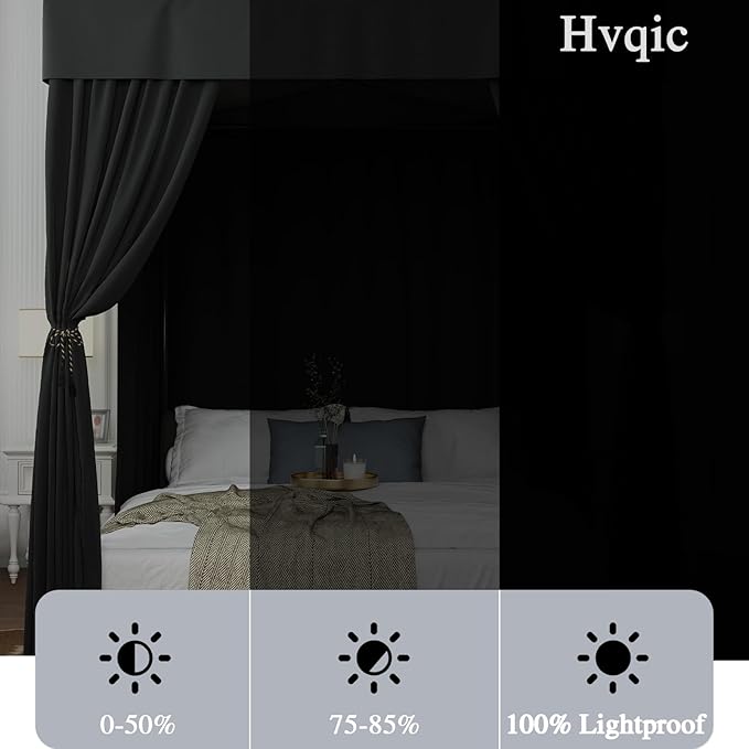 Hvqic Black Canopy Bed Curtains - 4 Corner Post Bed Curtains Full Bed Curtains Lightproof Drapes Bed Canopy for Adults & Girls Bedroom Decoration(Full,Black)
