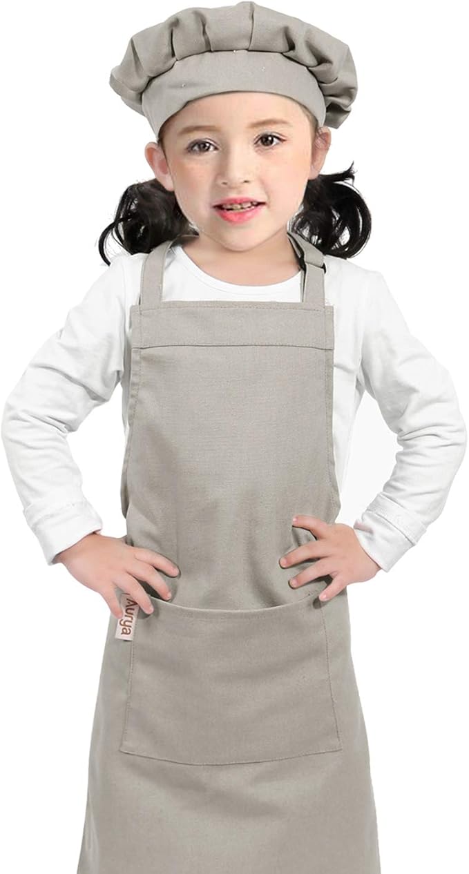 Kids Apron and Chef Hat Set-Adjustable Child Apron for Boys and Girls for Cooking Baking Light Gray