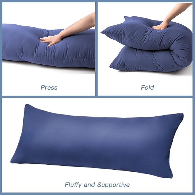 DOWNCOOL Luxury Full Body Pillow Insert with Fiber Cover - Ultra Soft Body Pillow for Sleeping - Breathable Long Bed Pillow Insert, 20"x54"(Blue, with Cover)