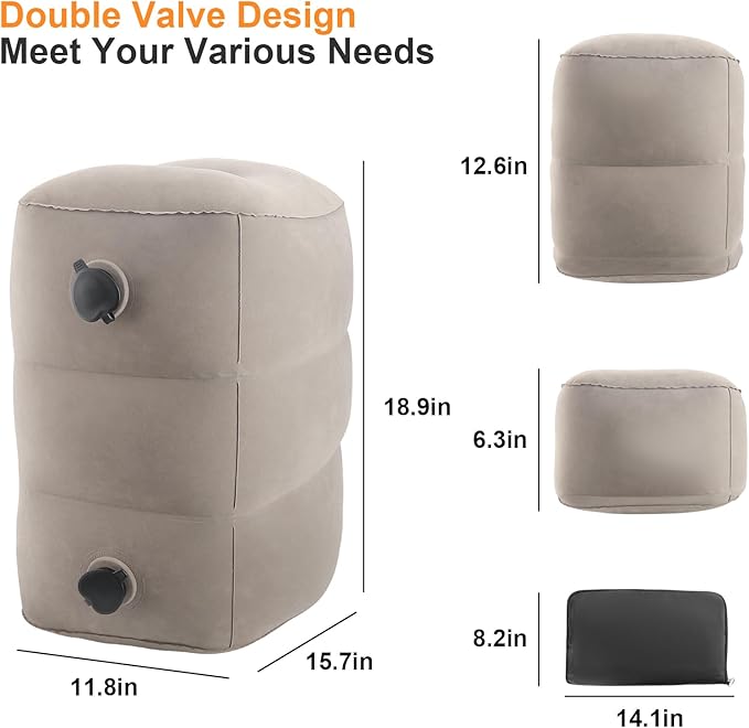 Inflatable Travel Foot Rest Pillow Adjustable 3 Layers Height Leg Rest Pillow Kids Airplane Travel Pillow with Inflatable Bag Airplane Bed for Toddler Car Seat Footrest for Airplane Home Office - Grey