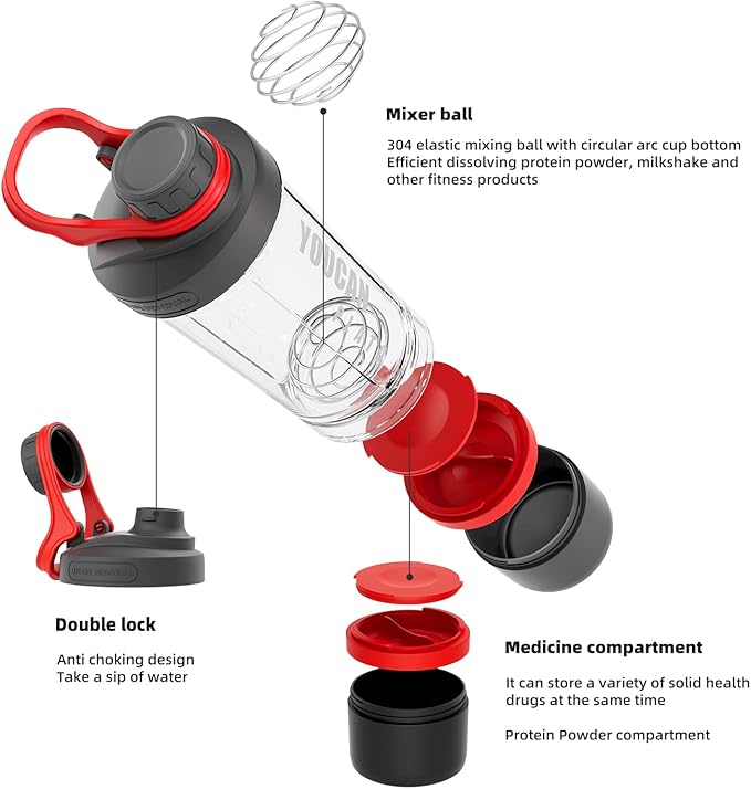 21oz Protein Shaker Bottle with Powder Storage Container-Shaker Cups for Protein Shakes-pre workout bottle-Mixer Cup-Gym Sport Water Bottle -Made with Tritan BPA Free,with Wire Whisk Balls,Red
