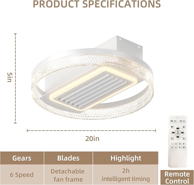 NicBex Ceiling Fan 20 Inch Modern Ceiling Fans with Lights Bladeless Ceiling Fan with Remote Control Ceiling Fans with Reversible Motor for Bedroom, Living Room, White