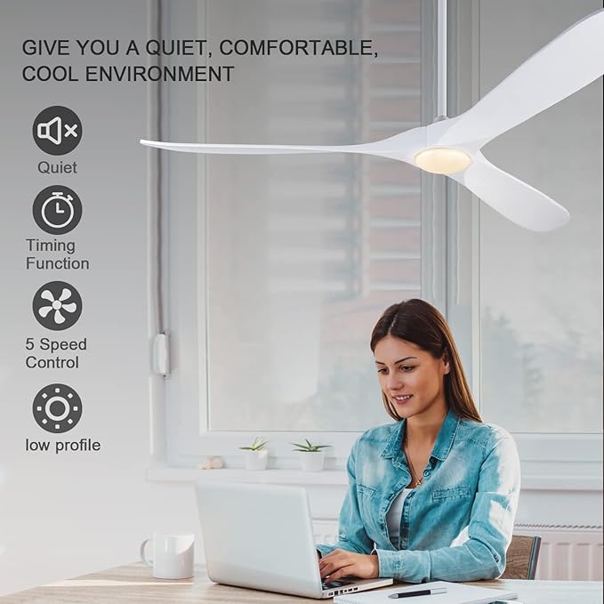 BOJUE Ceiling Fans with Lights 72 inch Indoor Outdoor Ceiling Fan,Wood Ceiling Fan with Remote Control & 3 Wood Blade for Patio Living Room Bedroom (White Blades)