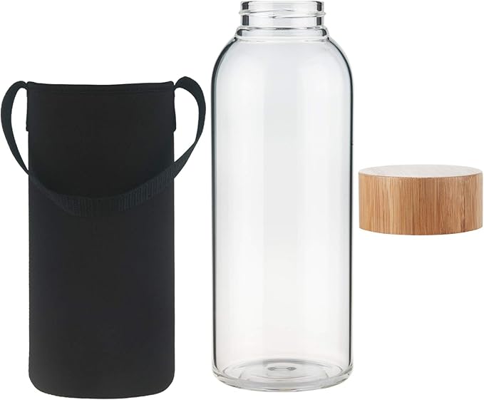 48 oz Sports Borosilicate Glass Water Bottle with Bamboo Lid with Neoprene Sleeve