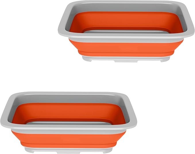 Set of 2 Multipurpose Wash Bins – 10-Liter Basins for Travel or Cleaning – Collapsible Bucket Camping Accessories by Wakeman (Orange)