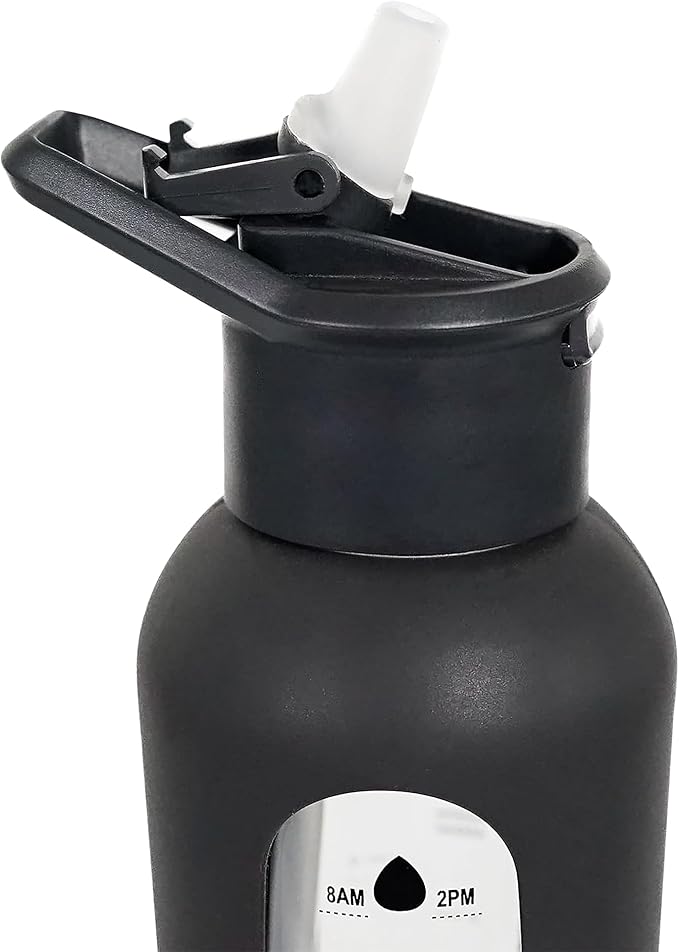 24oz Glass Motivational Water Bottle with Flip Lid Straw, Silicone Protective Sleeve, Handle, Reusable BPA Free (Black)