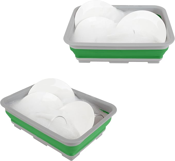 Set of 2 Multipurpose Wash Bins – 10-Liter Basins for Camping, Parties, or Cleaning – Collapsible Bucket Set by Wakeman (Green)