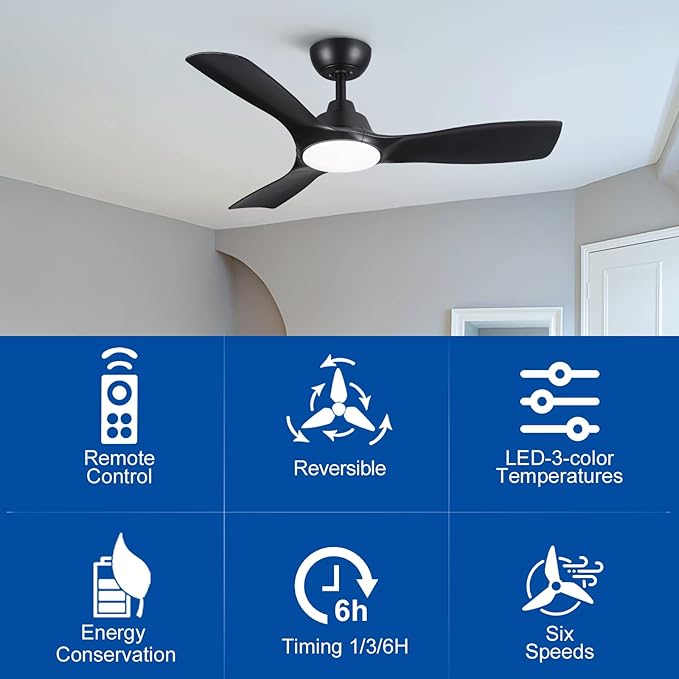 Sevenine Ceiling fan with light,Black Ceiling Fan,3 Blades,Downrod,6 speed adjustable,Dimmable LED,3 Timers,Reversible DC motor, For Patio Living Room Bedroom Dining Room (Black, 42Inch)