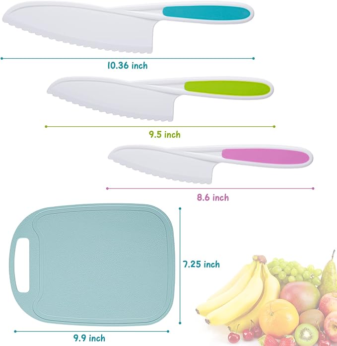 Kids Knife Set, Kids Knifes for Real Cooking, 3 Pieces Kids Knife with Cutting Board, BPA-Free Kids Kitchen Knife with Serrated Edges for Cutting Fruit, Vegetable, Salad, Bread,Sandwich