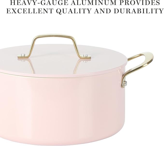 Martha Stewart Galway Premium Nonstick PFA Free Ceramic Interior 10 Piece Heavy Gauge Enamel Aluminum Pots and Pans Cookware Set W/Aluminum Lids - Pink W/Gold Handle