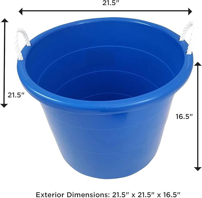 Homz Multipurpose 18 Gallon Plastic Open-Top Storage Round Utility Tub with Rope Handles for Indoor or Outdoor Home Organization, Blue (2 Pack)