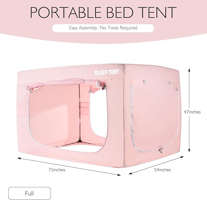 BORNA Bed Tent Full Bed Canopy for Indoor Portable Light Reducing Sleeping Canopy for Kids and Adult,Bunk Blackout Tents Breathable Privacy Space Tent Mosquito Netting for Bed(Macaron Pink)