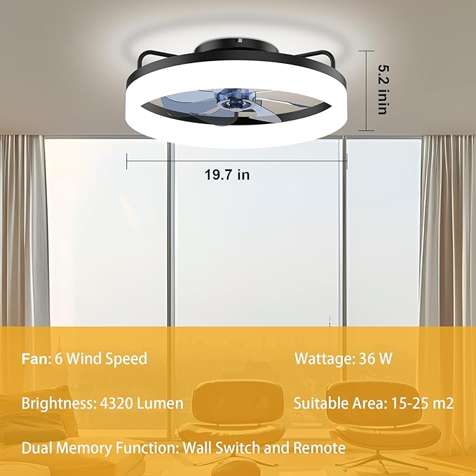 Modern Bladeless Ceiling Fan with Lights and Remote AC – Ultra-Quiet 6-Speed Fan, Dimmable LED, Reversible Airflow for Year-Round Comfort, App & Remote Control for Bedroom, Kids Room and Living Room.