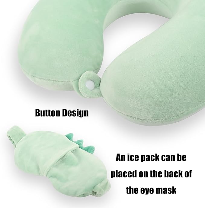 Kids Neck Pillow for Travel with Sleep Eye Mask, Cute Travel Neck Pillow, Memory Foam Flight Sleeping Headrest Pillow for Boys & Girls, Airplane, Train, Car, Home Use - Green Dinosaur
