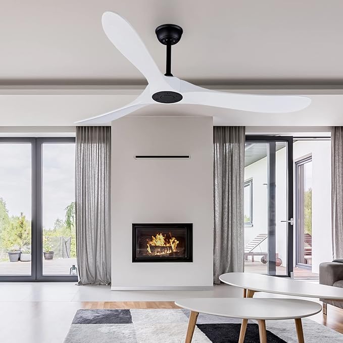 Bigzone 60" White Ceiling Fan Without Lights,DC Motor Quiet Energy Saving,3 White Balsa Wood Blades,Outdoor/Indoor Ceiling Fan With Remote Control，Reversible Blades