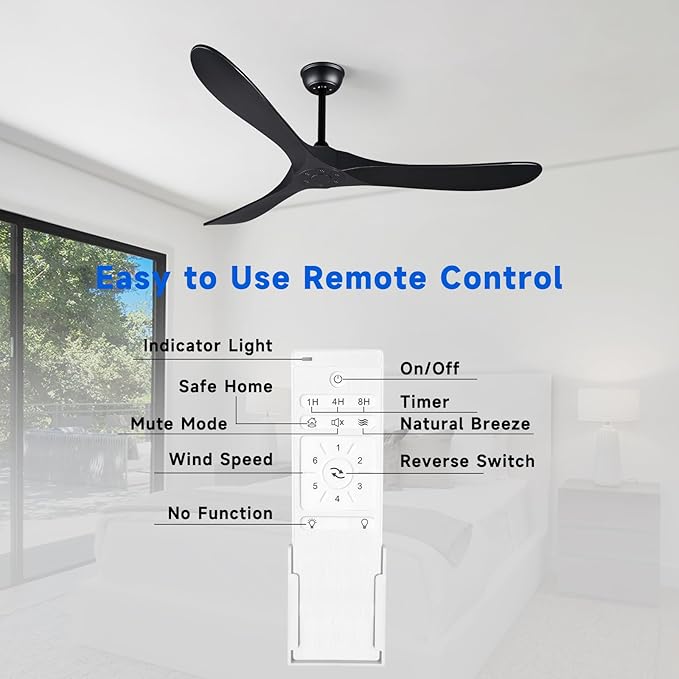 Bigzone 60" Black Ceiling Fan No Light, Energy Efficient DC Motor, 3 Brown Balsa Wood Blades, Wood Ceiling Fan with Remote Control, Reversible Blades