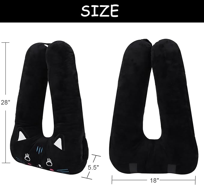 Kids Travel Pillow for Car Seat with Hand Muff, Cartoon Neck & Headrest Seat Belt Pillow for Car Road Trips Long-Distance Travel Sleeping Pillow for Adults and Children, Black Cat