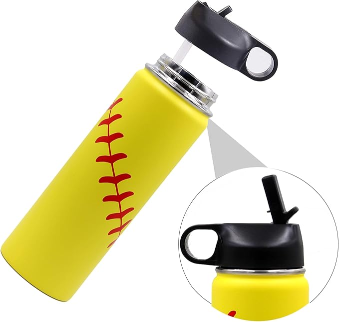 22 oz Softball Water Bottle, Sports Flask Metal Travel Tumbler with 2 Lids 18/8 Stainless Steel Double Wall Vacuum Insulated Hot/Cold (22oz, Yellow Softball)