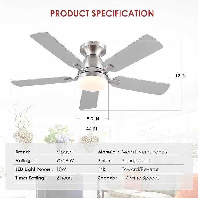 Ceiling Fans with Lights and Remote/APP Control,46" Flush Mount Ceiling Fan Dimmable DC Motor，Low Profile Ceiling Fan for Bedroom,Living Room,Brushed Nickel