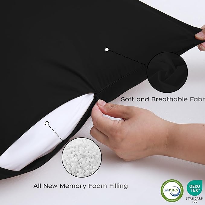 Memory Foam Body Pillow with Removable 100% Cotton Cover, Fluffy Full Body Pillows for Adults, Large Long Bed Pillow for Sleeping, Firm & Supportive (20x54 inch, Black)