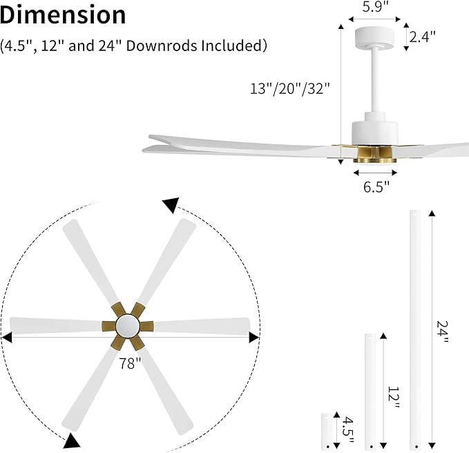 78 Inch Ceiling Fan with Lights and Remote Control, 6 Reversible ABS Blades, 6-Speed Noiseless DC Motor with 4.5" / 12" / 24" Downrods for Bedroom Dining Living Room, Gold and White