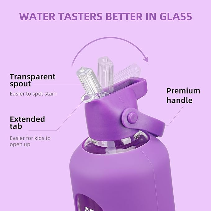 20 oz Glass Water Bottles with Straw Borosilicate Glass Water Bottle with Time Marker Motivational Water Bottles with Silicone Sleeve Leak Proof Reusable BPA Free