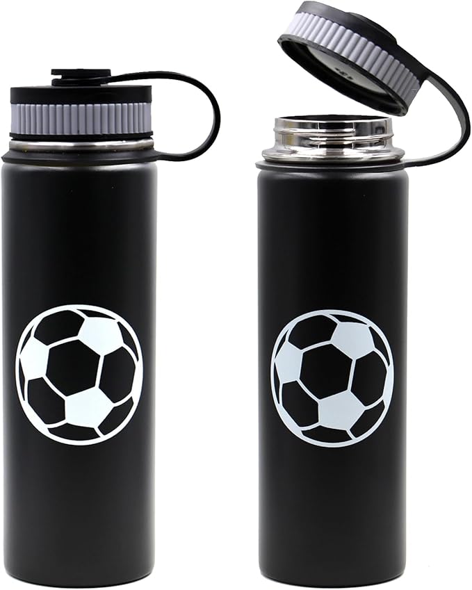 22 oz Soccer Water Bottle, Wide Mouth Travel Sports Flask with 2 Lids（Straw Lid+Flex Cap）BPA Free 18/8 Stainless Steel Double Wall Vacuum Insulated Water Bottles (22oz, Soccer)