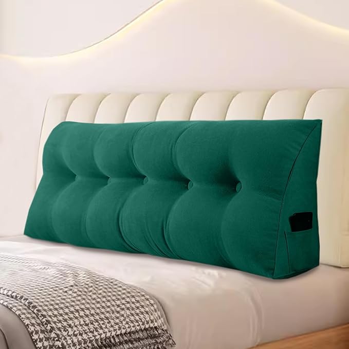 Large Triangular Headboard Pillows Long Backrest Positioning Support Bolster Cushion for Daybed Fluffy Quality Plush Body Wedge Pillow with Removable Cover(Dark Green-Twin/Twin XL-39x8x20 in)