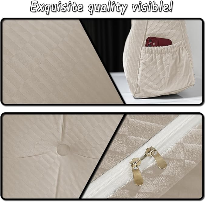 Gradient Velvet Triangular Wedge Pillow, Removable Cover Headboard Pillow for Daybed, Backrest Positioning Support Pillow Cushion Resting Reading Relaxing (Beige, Queen(59 * 20 * 8in))
