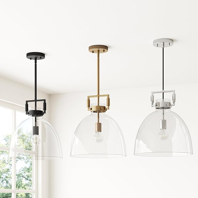 Nathan James Leigh Pendant Lighting, Hanging Ceiling Light with Oversized Glass Shade and Adjustable Cord, for Kitchen Island or Entryway, Vintage Brass/Clear