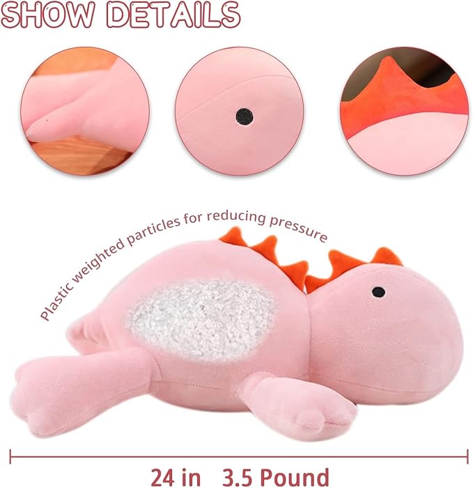 24" 3.4 lbs Weighted Dino Stuffed Toys, Cute Animals Plushie Dolls Pillow Gifts for Kids Adults (Pink 65cm)