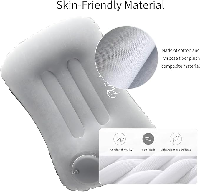 Ultralight Inflatable Travel Pillow Press to Inflate Compressible Ergonomic Neck and Lumbar Support While Camping Driving Sleeping Grey