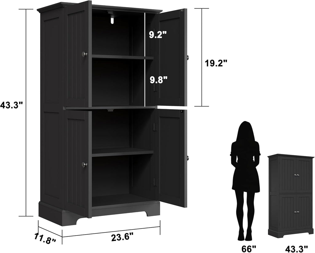 ChooChoo Bathroom Floor Cabinet, Modern Bathroom Storage Cabinet with 4 Doors and Adjustable Shelves, Freestanding Cupboard for Living Room, Black