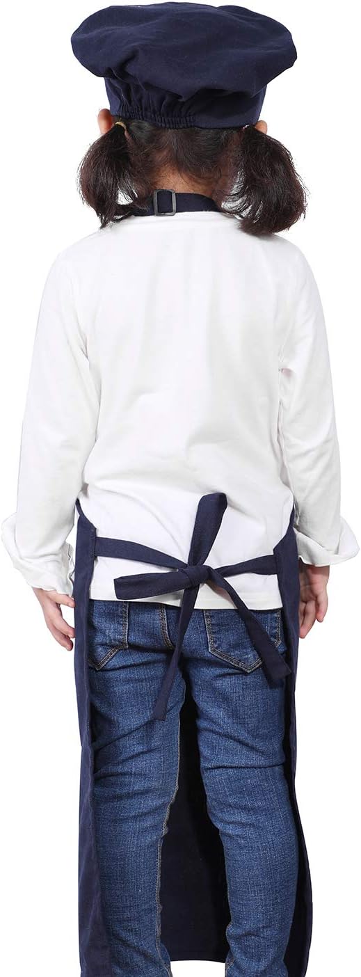 Kids Apron and Chef Hat Set-Adjustable Child Apron for Boys and Girls for Cooking Baking Dark Blue