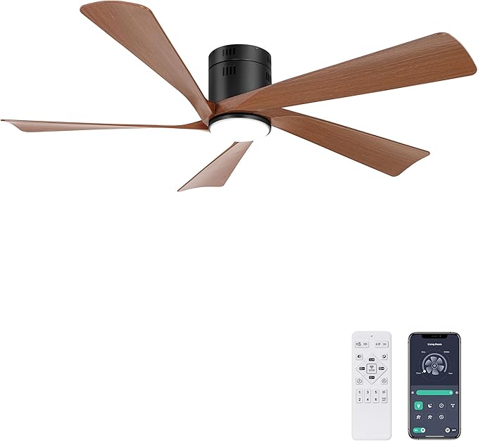 Ohniyou 52” Flush Mount Farmhouse Ceiling Fan with Lights, Remote & APP Control Low Profile Indoor Outdoor Ceiling Fans, Dimmable, Quiet DC Motor, Reversible, Black+Wood