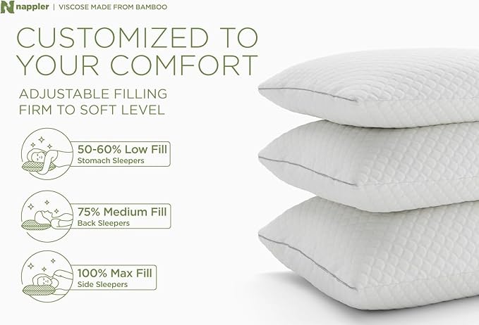 Cooling Pillow for hot Sleepers -Bed Pillows Standard Size Premium Set of 2 - Adjustable Shredded Memory Foam - Medium to Firm Pillows for Back, Stomach & Side Sleepers - Washable Cover