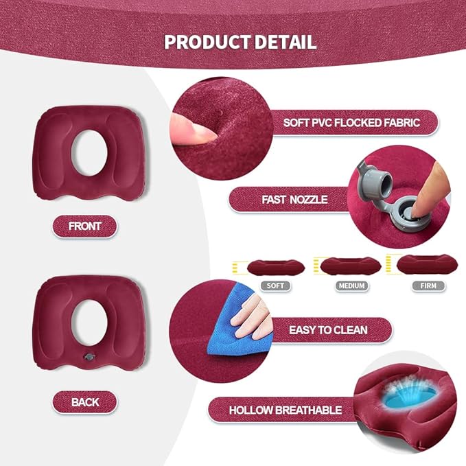 Inflatable Donut Pillow,Hemorrhoid Cushion- Excellent for Tailbone, Prostate, Sciatica, Bed sores, Postpartum Pregnancy, Post-Surgical Pain-Orthopedic Firm seat Cushion for Home, Office or car (red)