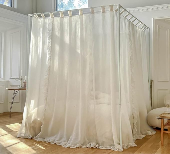 Mengersi Linen Canopy Bed Curtains,Bed Canopy Curtains Bed Drapes Sheer Curtains for Bedroom Decor (Ivory, California King)