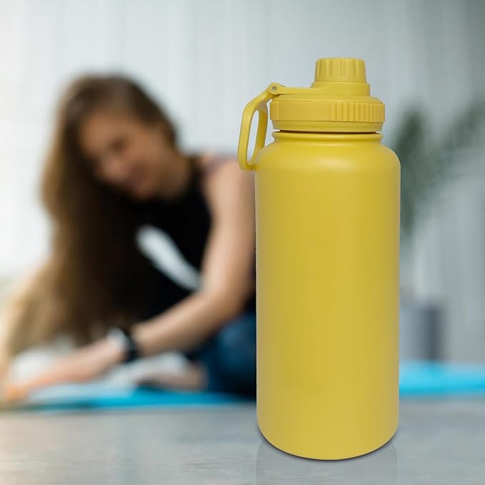 32oz Insulated Water Bottle ，Stainless Steel Sports Water Cup Flask with 2 Lids, Wide Mouth Travel Thermal Mug,Outdoor Sports Bottle（Mango yellow）