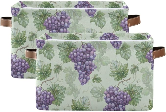 Grapes Purple Rustic Storage Basket Fabric Storage Bin Laundry Baskets Green Leaves Fruits Foldable Storage Boxes Organizer Bag for Cloth Dog Toy Book Storage Cubes Shelf Closet Basket 16×12×8 Inches