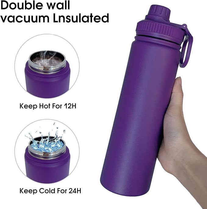 22oz Insulated Water Bottle ，Stainless Steel Sports Water Cup Flask with 2 Lids, Wide Mouth Travel Thermal Mug,Outdoor Sports Bottle（Purple）