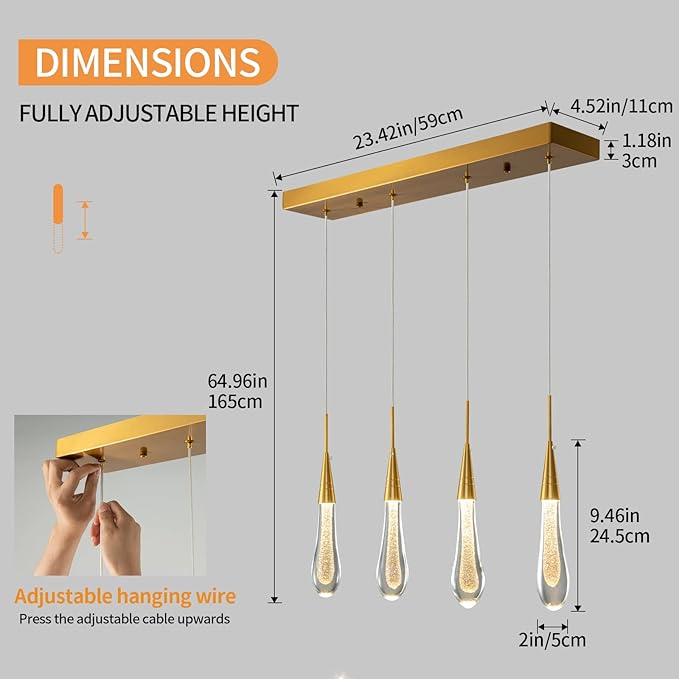 LMQNINE Kitchen Light Fixtures Ceiling Dimmable LED Modern Gold Pendant Light Mini Teardrop Crystal Pendant Light for Kitchen Island Bedroom Hallway Entryway (4-Light) (020)