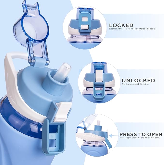 32 oz Sports Glass Water Bottle with Straw & Silicone Sleeve Reusable BPA-free Borosilicate Glass Drinking Bottle with Flip Top Lid & Handle Wide Mouth (Sky Blue)