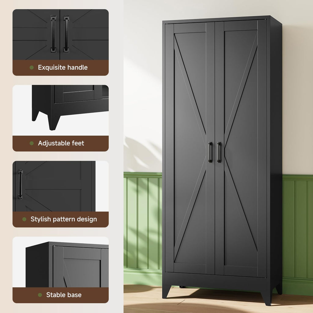 Letaya Storage Cabinet,75" H Metal Kitchen Pantry Cabinets with Doors and Adjustable Shelves,Pantry Organizers for for Cupboard/Dining/Bathroom/Office/Garage Room,Black