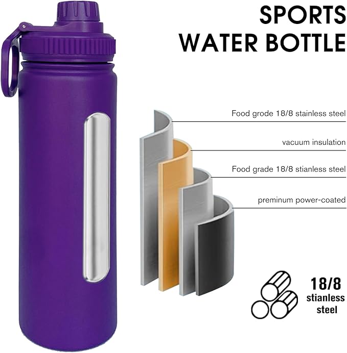 22oz Insulated Water Bottle ，Stainless Steel Sports Water Cup Flask with 2 Lids, Wide Mouth Travel Thermal Mug,Outdoor Sports Bottle（Purple）